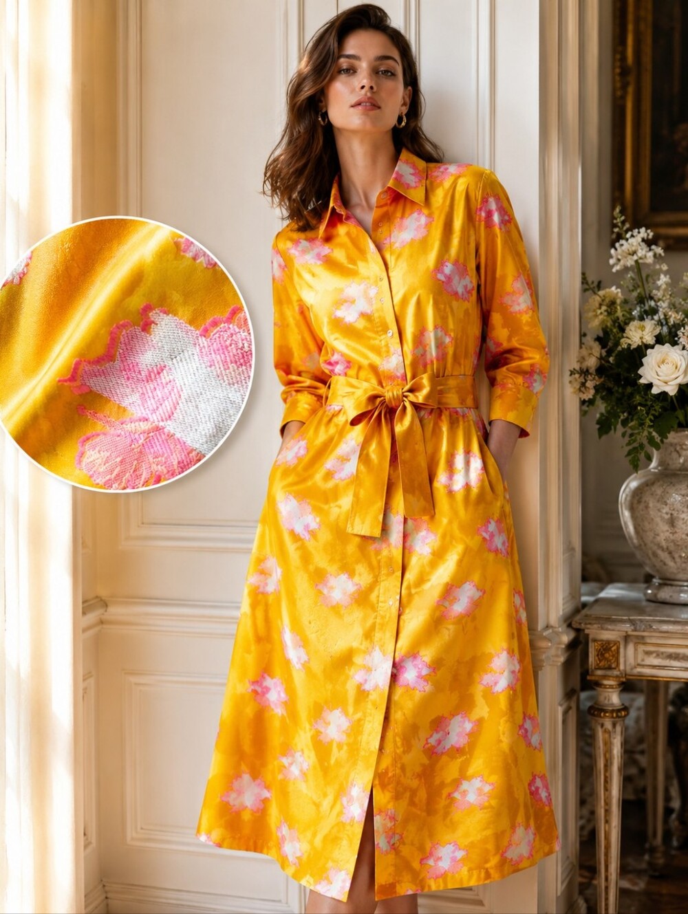 Patou Gold Satin Jacquard  Embroidered Midi Shirt Dress – NWT Size 4, MSRP $1750